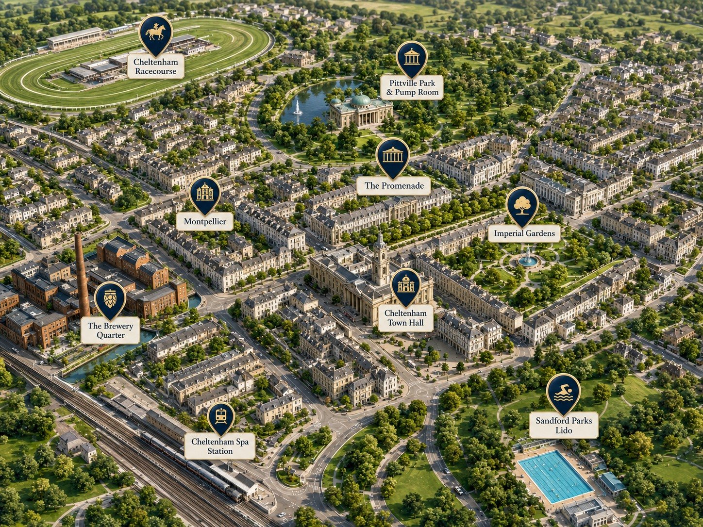 Illustrated map of Cheltenham hotspots we regularly serve: the Racecourse, Cheltenham Spa Station, Pittville Park, The Promenade, Montpellier, Imperial Gardens, Cheltenham Town Hall, the Brewery Quarter and Sandford Parks Lido