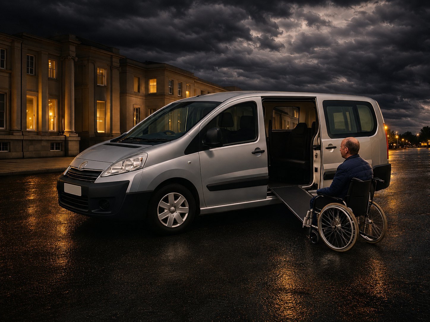 Wheelchair-accessible vehicle with ramp deployed outside a grand building at night
