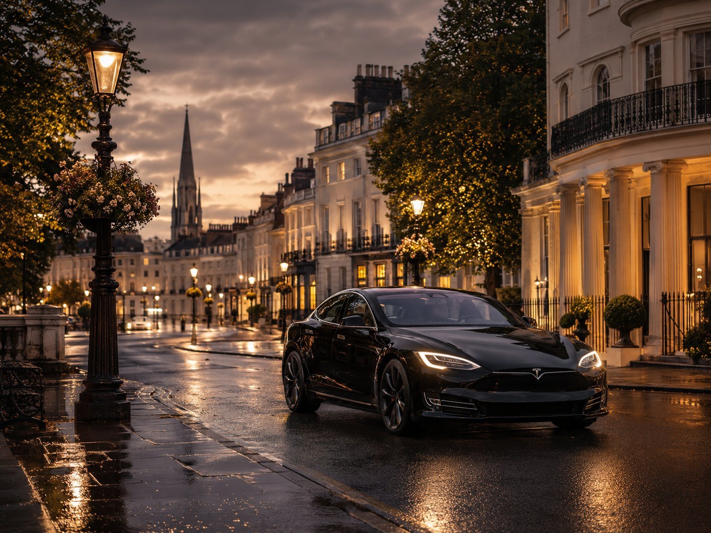Black Tesla on an elegant Regency street in Cheltenham at dusk