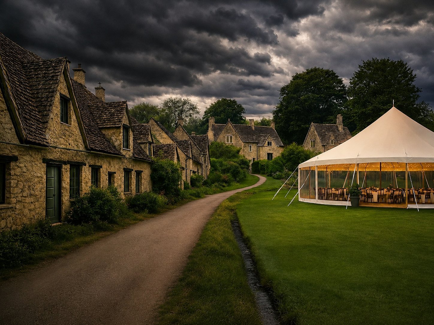 A Cotswolds village lane beside a lit private event marquee under a dramatic sky